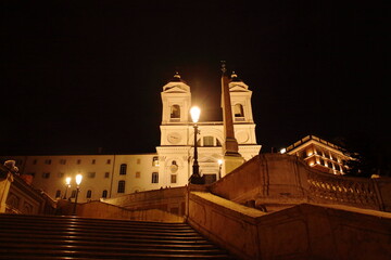 Night view of Church at the top of Spanish steps in Rome Italy in Europe