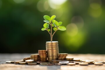 Grow your wealth with Green Finance: Trees, Coins and Bokeh as Symbols of Future Business and Money - obrazy, fototapety, plakaty