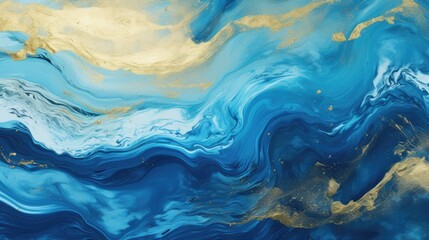 Fototapeta na wymiar Marbled Paint Background in Blue and Golden Colors. Texture of Abstract Swirls and Waves Resembling