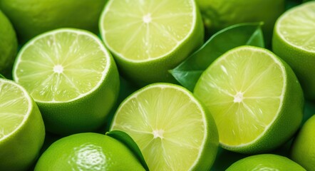 Juicy Green Limes - a Close-Up Shot of Fresh, Healthy Citrus Fruits in a Tropical Setting - obrazy, fototapety, plakaty