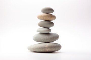 Stacked Smooth Grey Stones on White Background. Sea Pebble for Spa and Zen. Balancing Pebbles