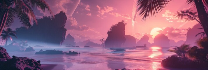 Tropical Alien Sunset - A serene tropical beach at sunset, with otherworldly elements suggesting a scene from another planet.