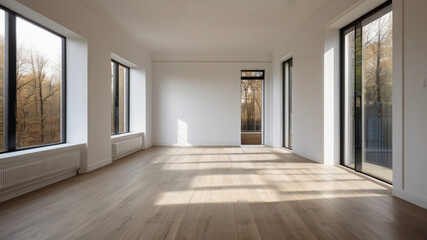 Fototapeta premium Empty new apartment with windows, hardwood, lots of natural lights and view of beautiful autumn forest