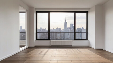 Fototapeta na wymiar Empty new apartment with windows, hardwood, lots of natural lights and cityscape view