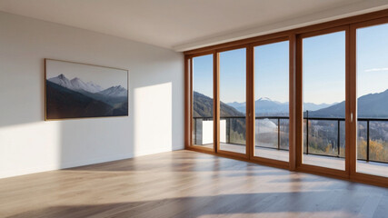 Empty new apartment with windows, hardwood, lots of natural lights and view of mountains