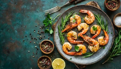 Grilled shrimps in plate served with lemon and spices, Seafood for healthy nutrition dinner; top view; copy space