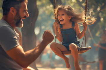 father and daughter having fun in the park, picture in the park - obrazy, fototapety, plakaty