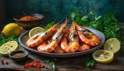 Grilled shrimps in plate served with lemon and spices, Seafood for healthy nutrition
