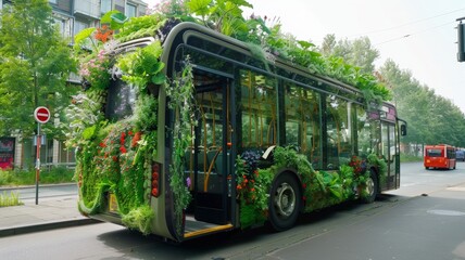 Innovative Green City Bus with Lush Plants Decoration