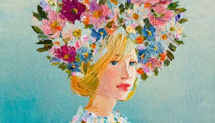 Woman silhouette made of blooming flowers. Abstract female portrait with flowers in her head. Unity with nature
