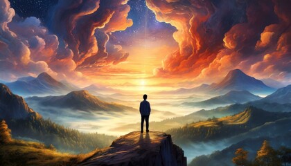 Silhouette of alone person looking at heaven. Lonely man standing in fantasy landscape with shining cloudy sky. Meditation and spiritual life - obrazy, fototapety, plakaty