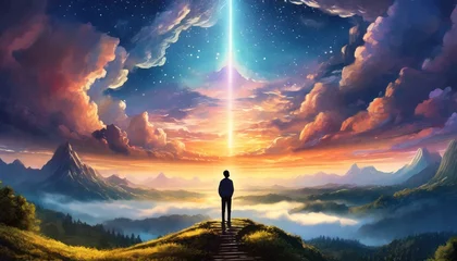Poster Silhouette of alone person looking at heaven. Lonely man standing in fantasy landscape with shining cloudy sky. Meditation and spiritual life © Micaela