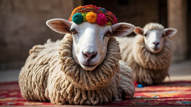 Funny Ramadan sheep portrait, animals background, wallpaper