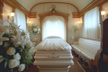 Funeral chapel of remembrance with coffin containing body of deceased during funeral service AI Generative