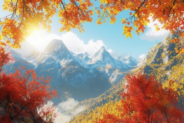 Sunlight illuminates vibrant autumn foliage on sun-kissed peaks, forming a serene and breathtaking natural landscape ideal for scenic photography







