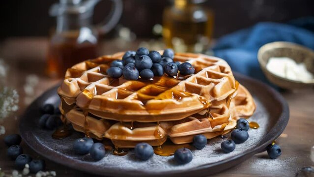 Tempting stack of waffles topped with fresh blueberries and syrup
