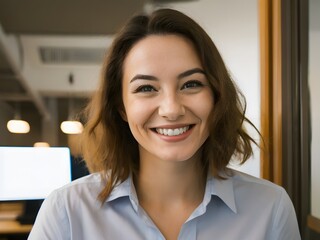 Beautiful young American woman at work smiling