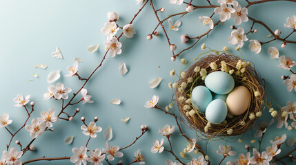 Easter composition of eggs and a nest. Pastel colors