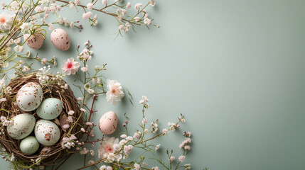 Easter composition of eggs and a nest. Pastel colors