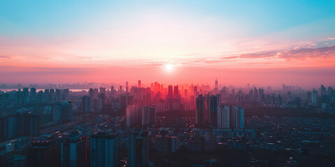 Fototapeta premium Pink Sunset Skyline Panorama. Panoramic urban city skyline at sunset with many buildings, densely populated metropolitan city, drone view.