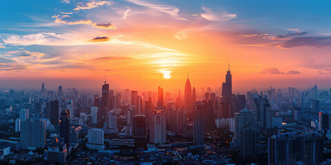 Orange Sunset Skyline Panorama. Panoramic urban city skyline at sunset with many buildings, densely populated metropolitan city, drone view.