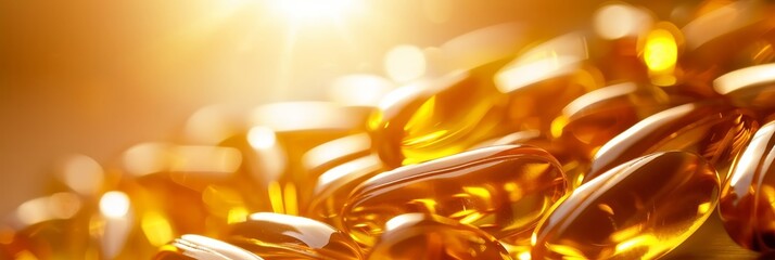 Macro view of vibrant vitamin d, e, yellow fish oil, omega 3, 6, 9 capsules with intricate details - obrazy, fototapety, plakaty