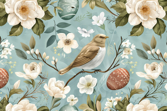 Seamless pattern with birds, flowers and easter eggs