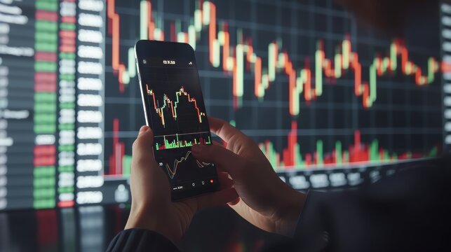 Businessman using smartphone app for stock market trading, investment concept with holograms