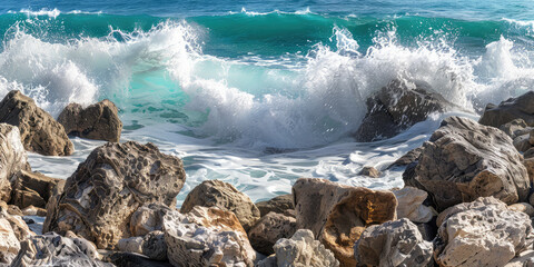 Waves Crashing on Rocky Shore. Dynamic waves crash against the rugged rocks of a coastal shoreline.