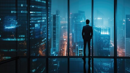 A man in a suit gazes through azure-tinted glass, captivated by the electric blue sky and the symmetrical skyscrapers towering in the cityscape. AIG41