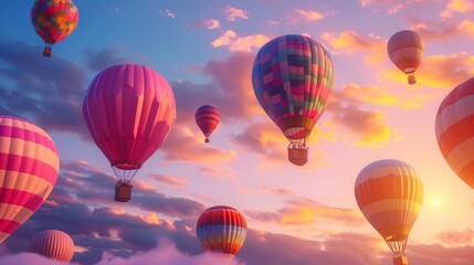 Fototapeta premium Colorful hot air balloons soar gracefully in the sky, offering a vibrant display of aerial beauty.