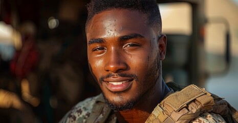 A proud soldier stands tall on the bustling city street, his chin lifted and forehead gleaming as his genuine smile reflects the strength and determination of the human spirit - obrazy, fototapety, plakaty