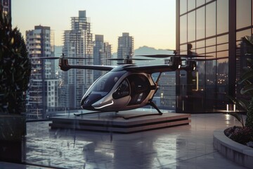 Futuristic drone taxi on rooftop helipad in urban environment. - obrazy, fototapety, plakaty