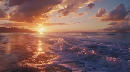 Crédence de cuisine en verre imprimé Coucher de soleil sur la plage Amazing beach sunset with endless horizon and lonely figures in the distance, and incredible foamy waves, volcanic hills in the background.