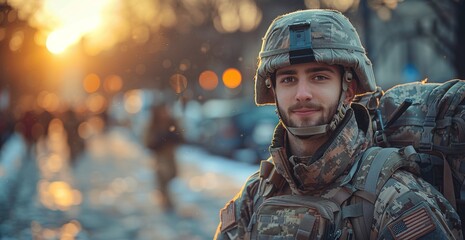 A fierce soldier stands ready for battle in his military uniform, armed with a weapon and protected by his ballistic vest and helmet, embodying the strength and violence of the military organization - obrazy, fototapety, plakaty