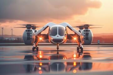 Autonomous electric flying car with headlights on at sunset. - obrazy, fototapety, plakaty