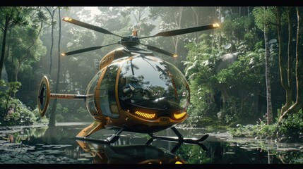 Modern yellow helicopter parked in lush forest setting.