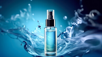 A mens fragrance bottle against a dark blue backdrop exuding sophistication and elegance, a perfect image for luxury perfume advertisements.