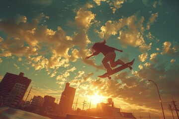 Fototapeta premium As the sun sets, a daring skateboarder defies gravity, soaring through the sky with a stunning stunt that leaves onlookers in awe