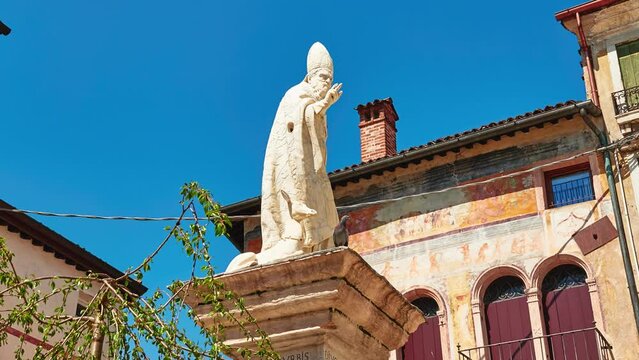 Statue of Saint Bassiano, patron saint of the city, by the Bassanese sculptor Orazio Marinali (1643-1720). Piazza Liberta, Bassano del Grappa, Vicenza province of region of Veneto, in northern Italy.