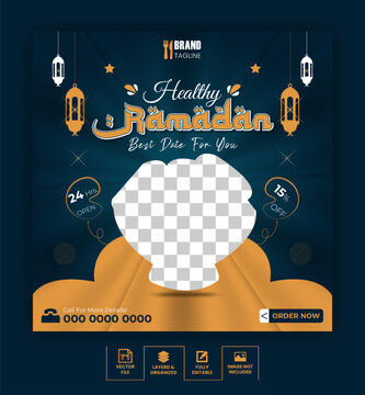 Ramadan kareem food sale social media post and web banner template design with decoration. Food menu restaurant or Instagram special food menu template.