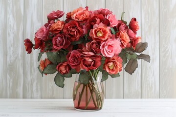 Fresh bouquet of rose flowers in vase on wooden background