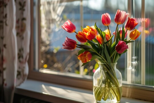 Fresh cut tulip flowers in vase near the window
