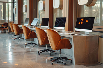 Corporate office with modern computers in a row