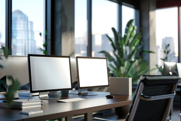 Corporate office with modern computers in a row