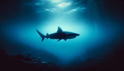 Obraz na płótnie Canvas A bull shark, a solitary figure in the vast expanse of the deep blue ocean, visible only from afar