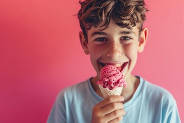 a young boy is eating an ice cream cone on a pink background - obrazy, fototapety, plakaty