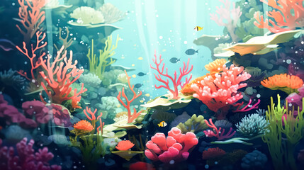 An enchanting ocean coral reef scene underwater, showcasing the mesmerizing beauty and diversity of marine life in their natural habitat.