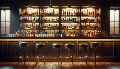 A classic bar scene with shelves filled with a wide variety of liquor bottles in the background - Powered by Adobe