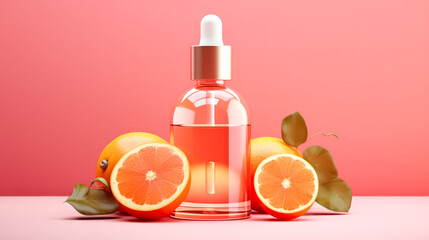 A transparent bottle showcased on a bright background adorned with vibrant grapefruits, offering a refreshing and colorful aesthetic.